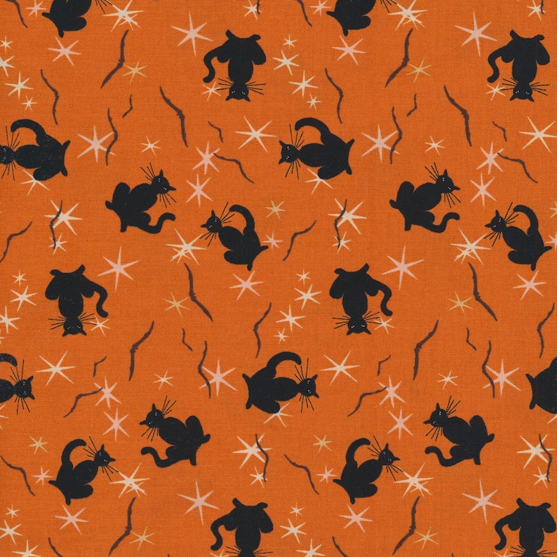 May include: A repeating pattern of black cats on an orange background with white stars. The cats are in various poses, some are sitting, some are standing, and some are jumping.