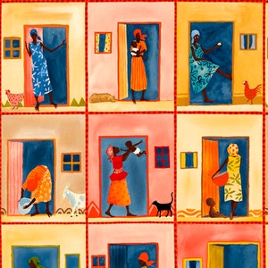 May include: A colorful illustration of a multi-story building with nine doorways. Each doorway has a different person or family inside, with various activities taking place. The building is painted in shades of yellow, orange, pink, and blue.