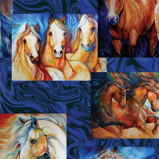 Horse Fabric Panel CLEARANCE Mare Foal Blue Border Western Hanging Cotton  #PC