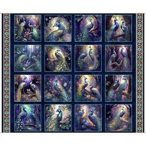 May include: A blue and green fabric with a repeating pattern of peacocks in a forest setting. The peacocks are in various poses, some with their tails spread out.