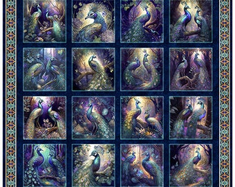 Parches con imágenes de pavos reales, tesoros de patchwork resplandecientes, panel de tela de 91 cm (36"). ÚLTIMAS UNIDADES EN STOCK.