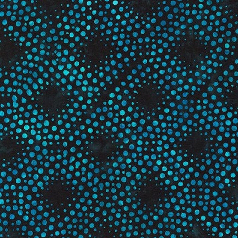 May include: A black fabric with a repeating pattern of teal blue circles. The circles are arranged in a swirling, wave-like pattern.