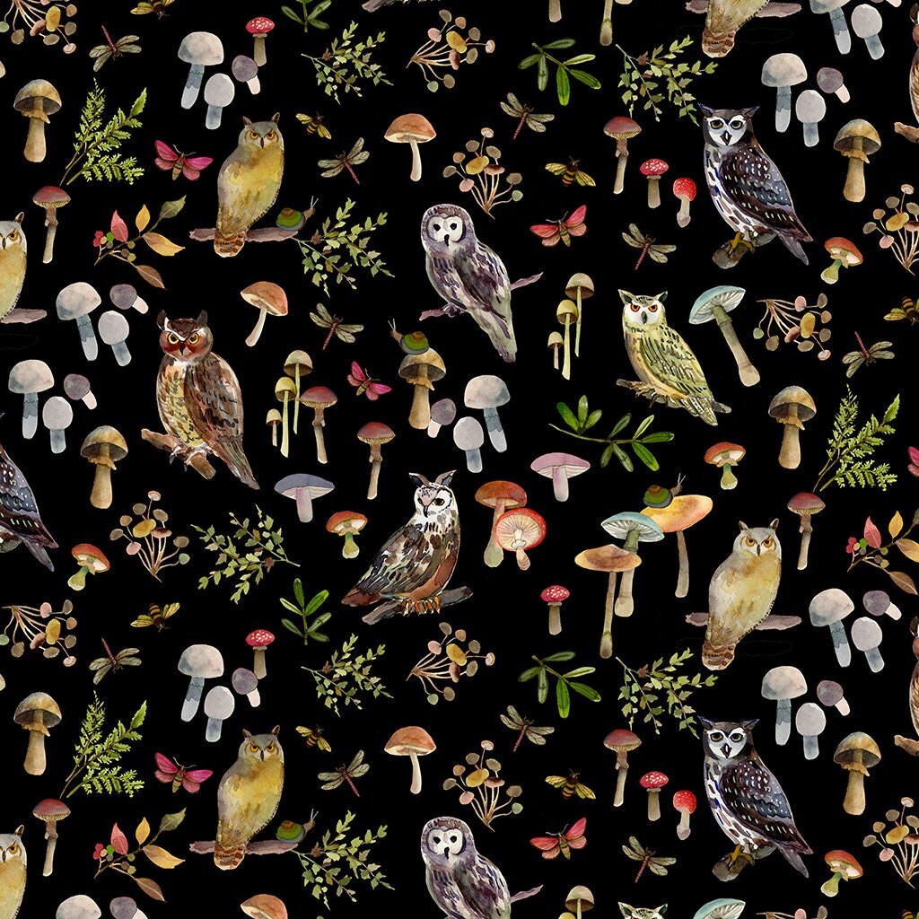 Owls and Mushrooms Black Wild Wonder Digital Clothworks Fabric