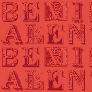 May include: A repeating pattern of the letters B, E, M, A, L, and N in a red, white, and black color scheme. The letters are stylized and have a vintage look.