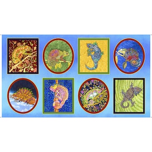 May include: A blue background with nine colourful circles and squares featuring different chameleon and lizard illustrations. The illustrations are surrounded by intricate patterns and designs.