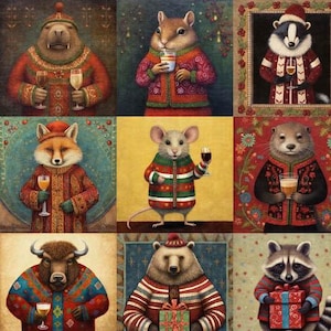 May include: A grid of nine illustrations featuring anthropomorphic animals dressed in festive winter sweaters. The animals include a walrus, chipmunk, badger, fox, mouse, otter, bison, bear, and raccoon, each holding a glass or a gift.