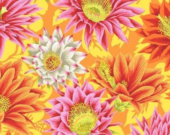 May include: A seamless pattern featuring vibrant pink, orange, and white cactus flowers on a yellow background. The flowers have intricate details and a tropical feel.