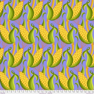 May include: A repeating pattern of stylized corn on the cob with green husks and orange tassels against a light purple background. The corn is yellow, and the design is symmetrical.
