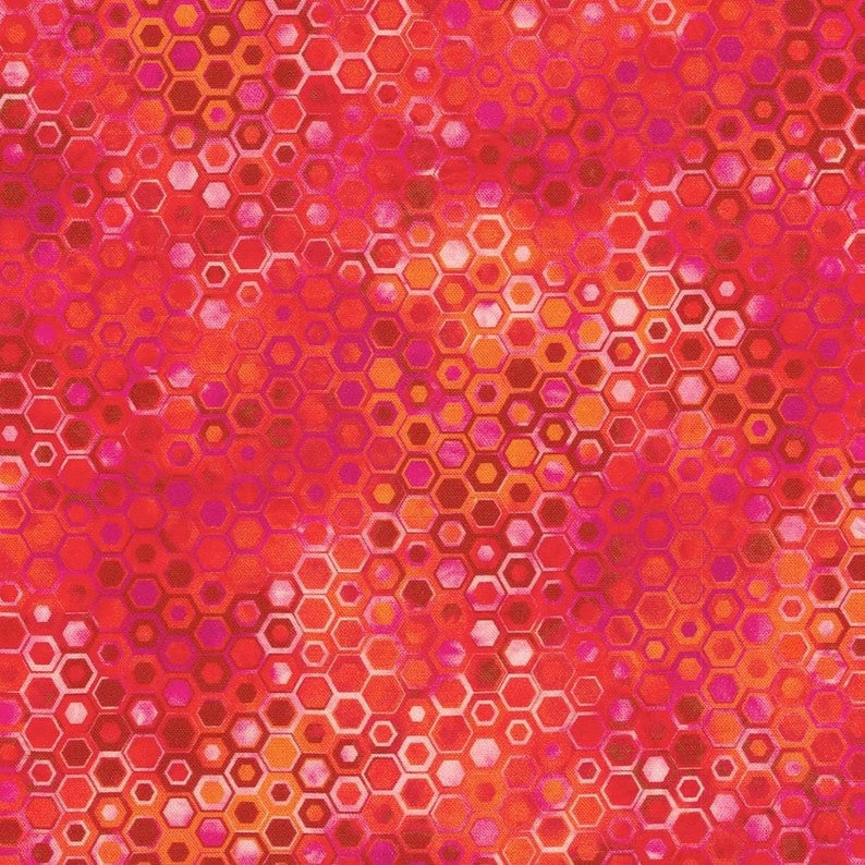 May include: Abstract geometric pattern with a red, orange, and pink color scheme. The pattern is made up of repeating hexagonal shapes.