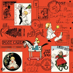 May include: A red background with vintage-style Christmas stamps featuring illustrations of children, angels, and a rocking horse. The stamps have text such as "Post Card", "Christmas", "Bethlehem", and "A Merry Christmas".