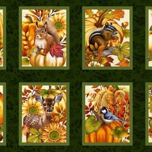 May include: A fabric panel featuring eight rectangular images with autumn-themed illustrations. Each image showcases a different animal, including a fox, squirrel, chipmunk, quail, deer, bluebird, and rabbit, set against pumpkins, sunflowers, and fall foliage.