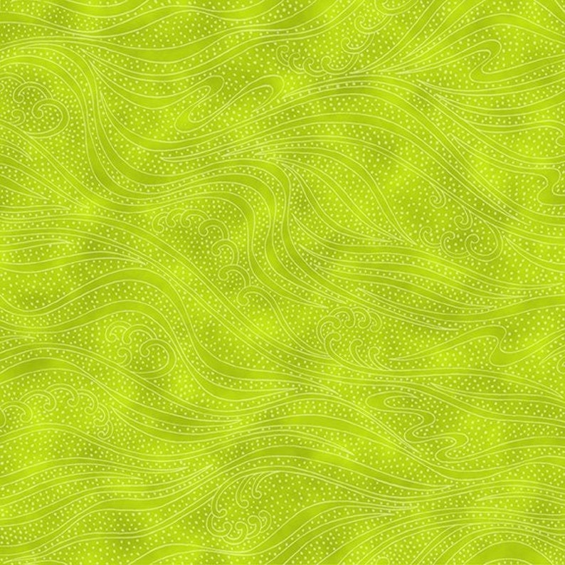 K&ouml;nnte beinhalten: Ein nahtloses Muster aus wei&szlig;en, wellenf&ouml;rmigen Linien auf einem lindgr&uuml;nen Hintergrund. Die Linien sind stilisiert, um wie Wellen auszusehen, und sind mit kleinen wei&szlig;en Punkten versehen.
