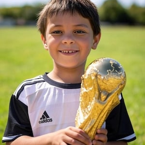 May include: A young person smiles while holding a gold trophy. The trophy is a detailed sculpture with a globe on top. The person is wearing a black and white soccer jersey with the word "callidas" on the front. The background is a green field.