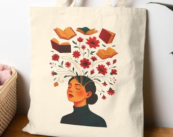 Tote Bag mit lesender Frau, Büchertasche aus Baumwolle, florale Bibliothekstasche, literarisches Geschenk für Leser und Lehrer