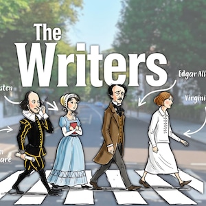 Puede incluir: Ilustraci&oacute;n de cuatro escritores cruzando una calle, incluyendo a William Shakespeare, Jane Austen, Edgar Allan Poe y Virginia Woolf. El texto "The Writers" est&aacute; en la parte superior.