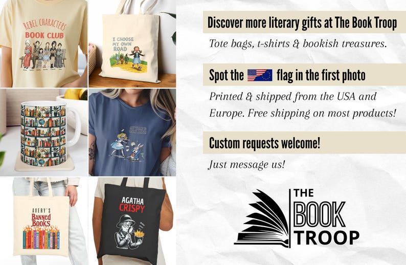 Puede incluir: Colecci&oacute;n de productos con tem&aacute;tica literaria, que incluye camisetas, bolsas de mano y una taza. Las camisetas presentan dise&ntilde;os como "Rebel Characters Book Club" y Alicia en el Pa&iacute;s de las Maravillas. Las bolsas muestran "I Choose My Own Road" y "Avery's Banned Books".