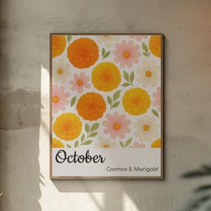 October Birth Month Flower Poster | Marigold & Cosmos Rolled Print | Birthday Wall Art Gift | Floral Decor | Multiple Sizes