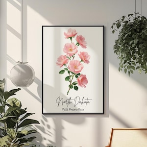 North Dakota State Flower Art Print, Elegant Botanical Art, Wild Prairie Rose Art, Oil Painting Print, Un-Framed Wall Decor, Native Flower