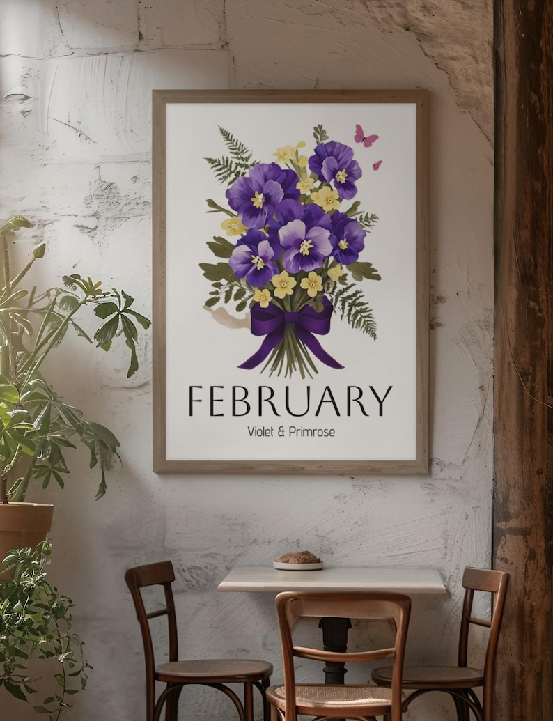 Feb Roses Design February Birth Month Flower Art Print | Violet & Primrose Bouquet ...
