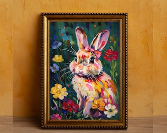 Bunny with a Bow Oil Painting Print | Floral Wall Art Animal Portrait | Colorful Rabbit Illustration | Spring Nursery Decor | Un-Framed