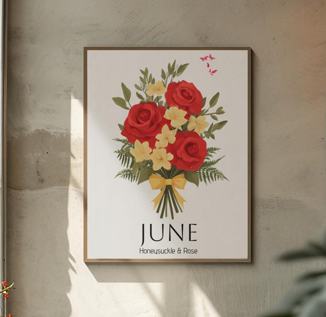 Decorated June June Birth Month Flower Art Print | Honeysuckle & Rose Bouquet | Flower ...