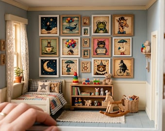1:12 Scale Whimsical Animal Art Prints | Miniature Dollhouse Vintage Decor (Digital Download)