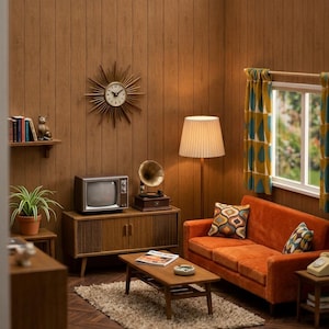 May include: A miniature living room scene featuring wood-paneled walls, an orange sofa with patterned cushions, a wooden coffee table, a television set, a sunburst wall clock, a floor lamp, a gramophone, and a small rug on a herringbone floor.
