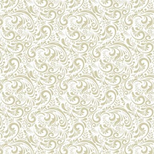 Puede incluir: Un patrón sin costuras con un diseño repetido de elementos florales estilizados y arremolinados en un color dorado suave sobre un fondo blanco. El patrón tiene una sensación clásica y elegante, adecuado para diversas aplicaciones de diseño.