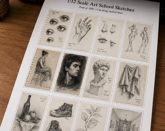 1:12 Scale Art School Sketches Printable PDF, Miniature Drawing Studies