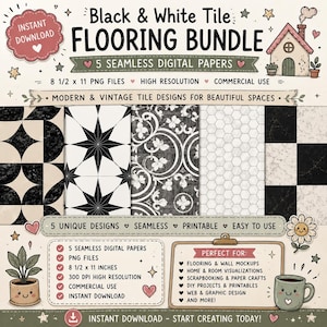May include: A digital bundle of black and white tile designs. The image displays five unique seamless digital papers with various patterns, including stars, floral, and geometric shapes. The bundle includes 8.5 x 11 inch PNG files for commercial use.
