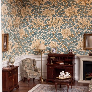 May include: A miniature dollhouse room featuring floral wallpaper in blue and cream, a dark wood roll-top desk, a wingback chair with patterned upholstery, a small coffee table with a tea set, a floor lamp, a side cabinet with a globe, and a rug.