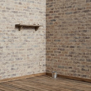 May include: A miniature room with brick walls and a wooden floor. The walls are made of light-colored bricks with a mix of beige, gray, and blue tones. A small wooden shelf is mounted on one wall. The floor is made of wooden planks.