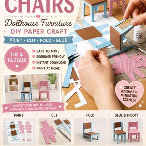 Puede incluir: Un kit de manualidades en papel para sillas en miniatura imprimibles, con instrucciones para imprimir, cortar, doblar y pegar. El kit incluye plantillas a escala 1:12 y 1:6 para muebles de casa de muñecas, con diseños de sillas rosas con lunares y marrones.