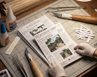 May include: A miniature newspaper titled The Riverton Times featuring a headline about a new riverfront park, held by hands in white gloves. The scene includes craft tools like a hobby knife, tweezers, glue bottles, and paper scraps on a cutting mat.