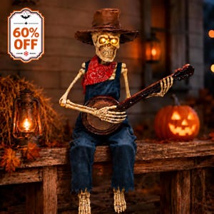 May include: A skeleton figure wearing a brown hat, a red patterned bandana, and blue denim overalls, playing a banjo. The skeleton has glowing yellow eyes and is seated on a wooden surface. A sign in the corner displays the text 60% OFF.