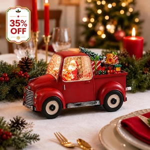 Lighted Red Pickup Truck Snow Globe, Musical Glitter Christmas Tabletop Decor Gift For Kids