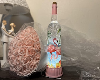 Lighted Bottle Water Spinner Lamp – LED Decorative Bottle Night Light, Flamingo, Butterfly, Flower, Sailboat, Seashell Designs