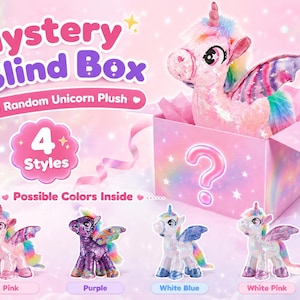 May include: A pink mystery blind box with a unicorn plush. The box has a question mark on it and the text "Mystery Blind Box" and "1 Random Unicorn Plush". Four unicorn styles are shown: pink, purple, white blue, and white pink.