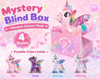 Original design homemade Mystery Unicorn Doll Plush Blind Box or Choose Color, Sequin Pegasus Stuffed Animal, Rainbow Pony Gift for Kids