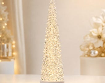 Lighted Acrylic Christmas Tree Tower, Plug In or Battery Operated LED Tree, Small Medium Large Holiday Mantel Decor Gift