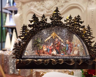 12.75” Lighted Musical Nativity Bridge Glitter Globe Easter Decor, Large Holy Family Mantel Centerpiece, Snow Globe christian gift for dad