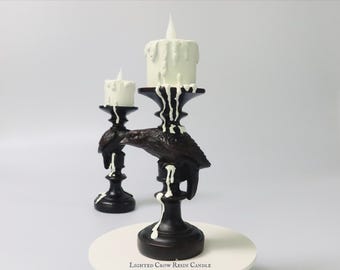 Lighted Crow Candle Holder – Gothic Flameless Raven Decor, Halloween LED Drip Candle, Battery Operated Tabletop Accent