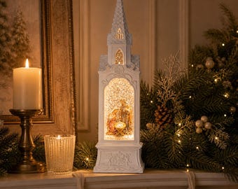Globo de Navidad iluminado de 38,5 cm (15,125") con purpurina, farol blanco navideño, globo de nieve de la Sagrada Familia, decoración religiosa para repisa de chimenea a pilas.