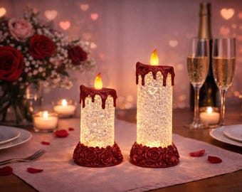 Rose LED Pillar Candle, Glitter Drip Flameless Candle with Crystal Look Base, Romantic Decor for Wedding, Memorial or Valentine’s Gift