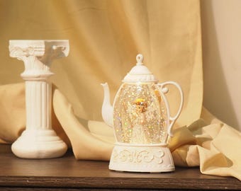 Lighted Angel Teapot Glitter Globe Ornament, 5.3 Inch LED Easter Decor Angel Decoration, Battery Operated christian gift for mom