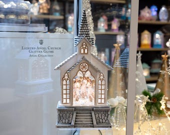 Lighted Church & Angel Glitter Globe Christmas Décor, Snow Globe, Holiday Décor gift for mom