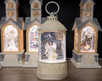 Lighted Angel Glitter Lantern Snow Globe, Musical Decor, Battery Operated Ivory Candle Globe, meaningful gift for mom