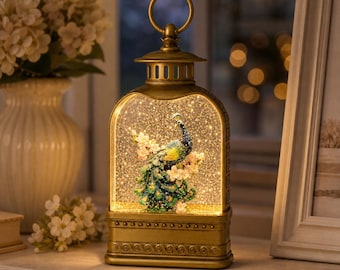 Lighted Peacock Glitter Globe Lantern, Cozy 9.5 Inch Plug-In LED Water Lantern, Elegant Peacock Snow Globe for Mantel & Holiday Home Decor
