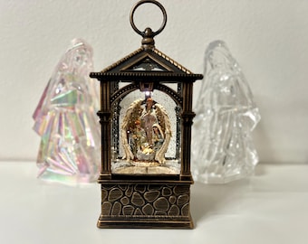 Lighted Nativity Water Spinner Snow Globe Lantern with Music – Holy Family Angel Easter Decor, Battery or USB Powered christian gift for mom