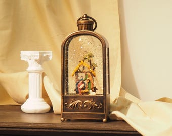 Lighted Nativity Lantern Snow Globe – Vintage Holy Family Birth Scene with Swirling Glitter, christian gift for mom